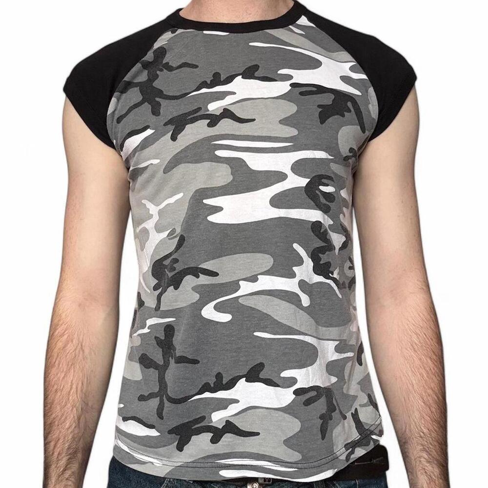 Grey and black camo ringer tank. No brand. Fits like a men’s small